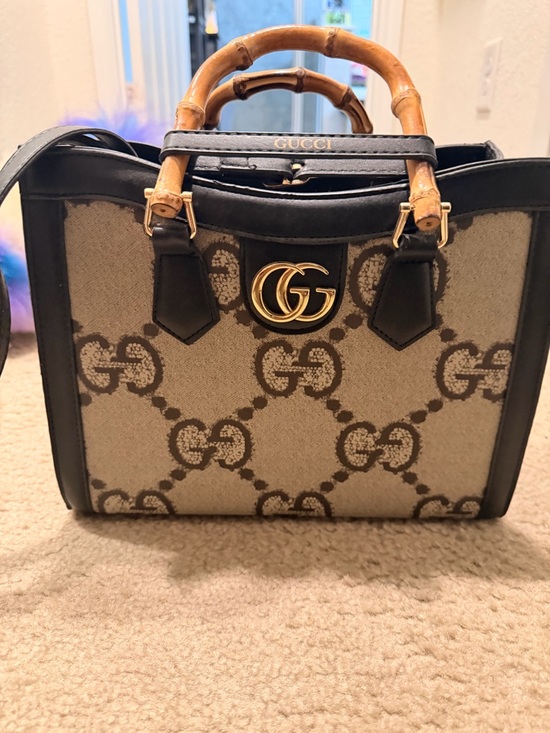 Gucci Beige GG Canvas Tote with Black Trim and Bamboo Handles - Picture 4 of 5